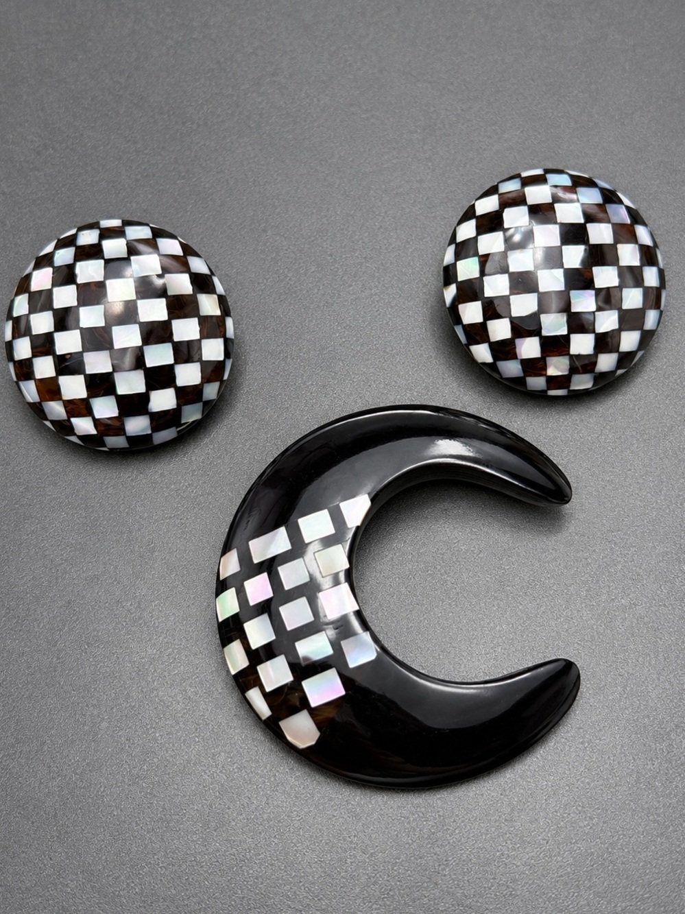 Black Crescent Brooch and Checker Set with Mother of Pearl Clip Earrings